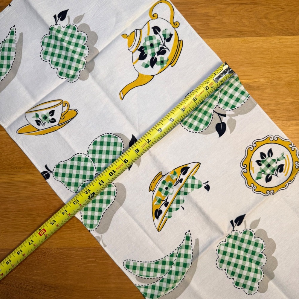 Vintage Mid Century Tea Towel Green Gingham Teapot Fruit Yellow White Retro MCM - Picture 3 of 4